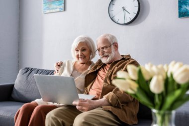 selective focus of happy senior couple sitting on sofa and using laptop near bouquet of tulips clipart