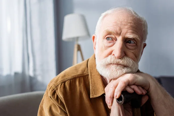 Senior Lonely Man Looking Away While Sitting Leaning Walking Stick — Stock Photo, Image