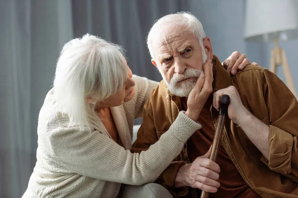 Senior Woman Touching Face Hugging Husband Sick Dementia — Stock Photo, Image