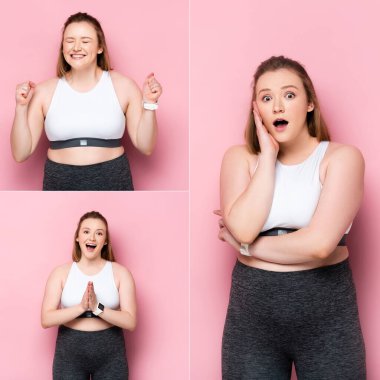 collage of emotional overweight girl showing winner gesture, holding praying hands and touching face on pink clipart