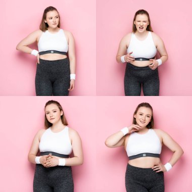 collage of overweight girl in sportswear looking away, screaming, touching face and looking at camera on pink clipart