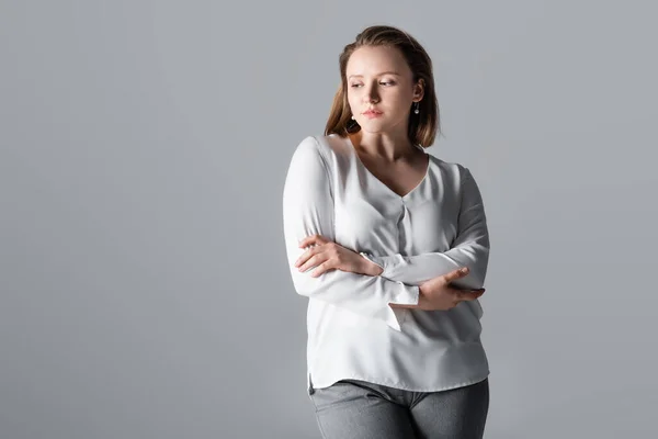 Thoughtful Beautiful Overweight Girl Standing Crossed Arms Isolated Grey — Stock Photo, Image