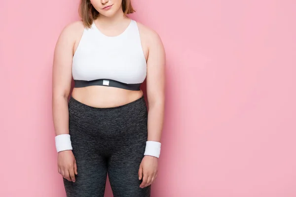 Vue Recadrée Fille Surpoids Vêtements Sport Sur Rose — Photo