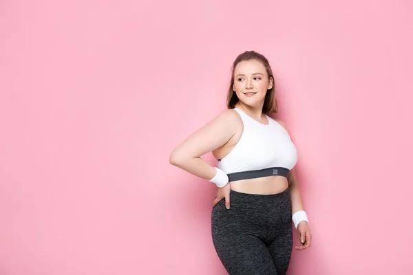 Pretty Smiling Overweight Girl Standing Hand Hip Pink — Stock Photo, Image