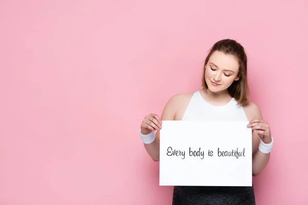 Smiling Overweight Girl Holding Placard Every Body Beautiful Inscription Pink — Stock Photo, Image
