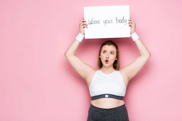 Excited Overweight Girl Holding Placard Love Your Body Inscription Head — Stock Photo, Image