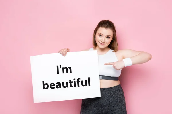 Smiling Overweight Girl Pointing Finger Placard Beautiful Inscription Pink — Stock Photo, Image