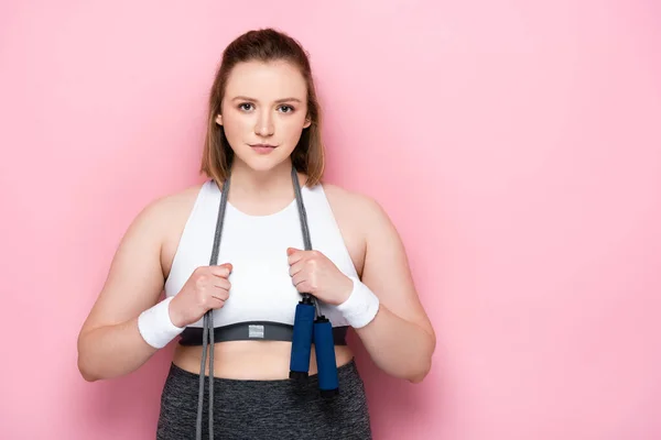 Confident Overweight Girl Jumping Rope Neck Smiling Camera Pink — Stock Photo, Image