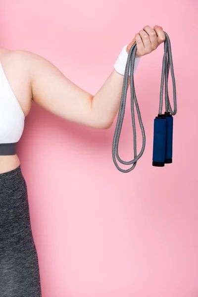 Cropped View Overweight Girl Holding Jumping Rope Pink — Stock Photo, Image