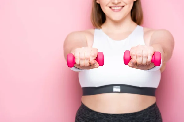 Cropped View Smiling Overweight Girl Exercising Dumbbells Pink — Stock Photo, Image