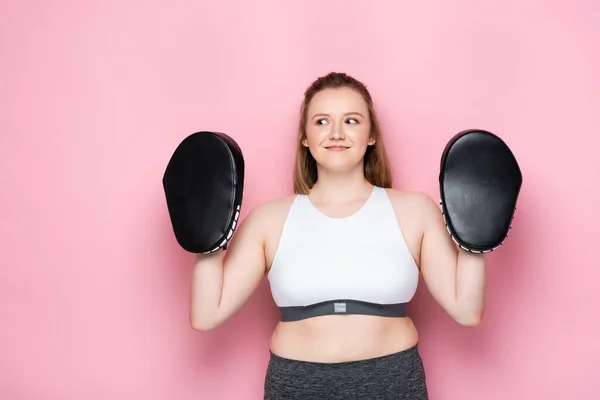 Cheerful Size Girl Boxing Pads Looking Away Pink — Stock Photo, Image