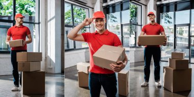 collage of happy and tattooed delivery man touching cap while standing near boxes  clipart