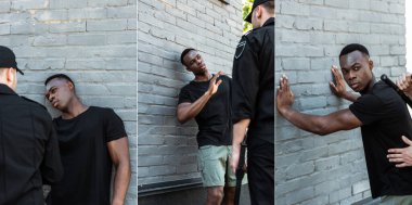 Endişeli Afrikalı Amerikalı adamın polise baktığı ve tuğla duvarın yanında durduğu kolaj, ırkçılık kavramı. 