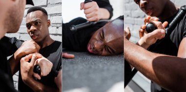 collage of detained african american man lying on ground near policeman with truncheon, racism concept  clipart