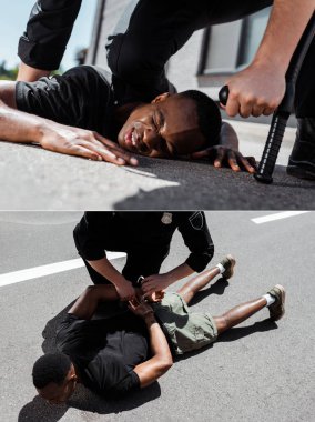 collage of detained african american man lying on ground near policeman with handcuffs and baton, racism concept  clipart