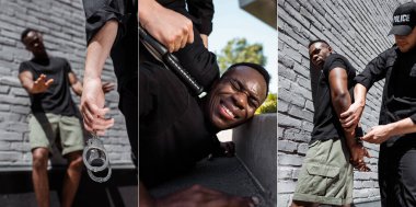 Polis memurunun kelepçeli ve coplu kolajı Afrikalı Amerikalıyı alıkoymak, ırkçılık kavramı