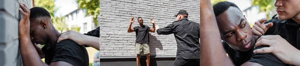 Collage Policeman Detaining African American Man Raised Hands Racism Concept — Stock Photo, Image