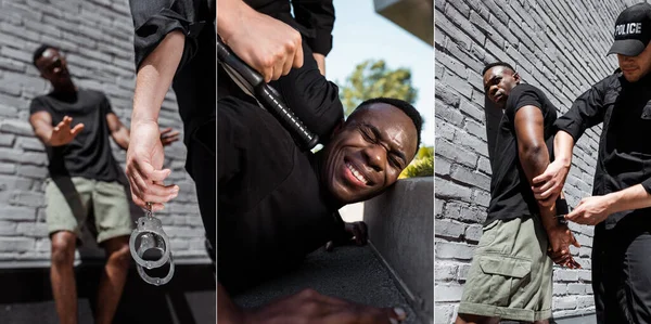 Collage Police Officer Handcuffs Truncheon Detaining African American Man Racism — Stock Photo, Image