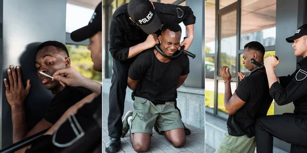 Collage Των Αστυνομικών Που Κατέχουν Κοινό Και Κράτηση Αφροαμερικανός Άνθρωπος — Φωτογραφία Αρχείου