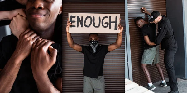 collage of policeman choking and arresting african american man, placard with enough lettering as protest, racism concept