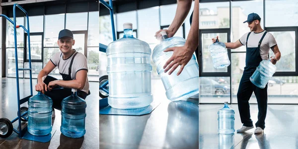 Collage Hombre Entrega Sosteniendo Botellas Con Agua Cerca Camión Mano —  Fotos de Stock