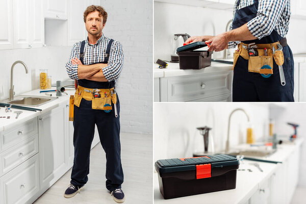 Collage of handsome plumber looking at camera and opening toolbox in kitchen 