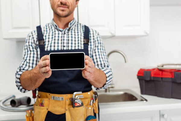 Cropped view of plumber holding smartphone with blank screen in kitchen 
