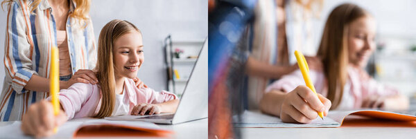 Collage of mother embracing smiling kid during online education at home 