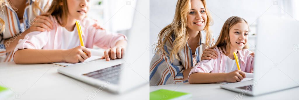 Collage of smiling mother embracing daughter during online education 
