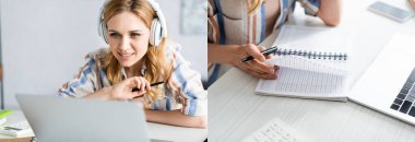 Masada dizüstü bilgisayarı olan ve defter okuyan kadın kolajı 