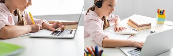 Kollázs Gyermek Írás Notebook Headset Laptoppal Asztalnál — Stock Fotó