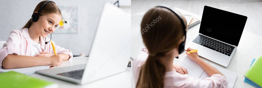 Collage of smiling kid in headset writing on notebook during electronic learning at home 