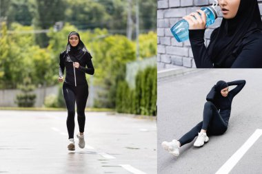 Türbanlı genç müslüman sporcu kadının kolajı. Spor şişesini suyla tutuyor, dışarıda koşuyor ve egzersiz yapıyor. 