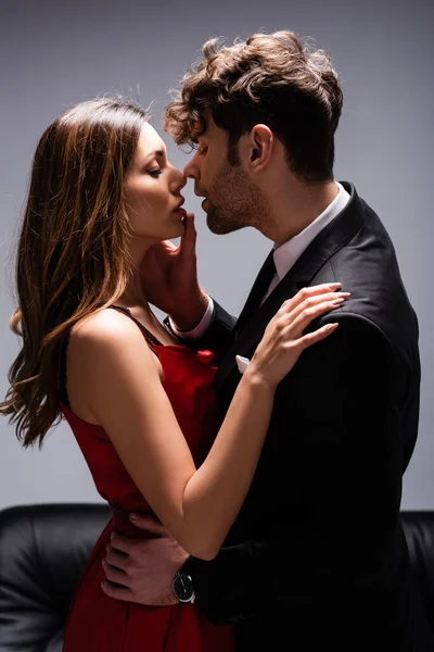 Side View Handsome Man Suit Touching Lips Beautiful Woman Red — Stock Photo, Image