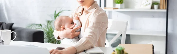 Panoramic Crop Mother Breastfeeding Baby Boy Home — Stock Photo, Image