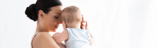 Panoramic Shot Mother Holding Arms Cute Infant Boy — Stock Photo, Image