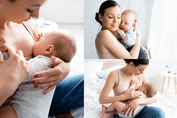 Collage Madre Feliz Amamantando Abrazando Bebé Niño —  Fotos de Stock