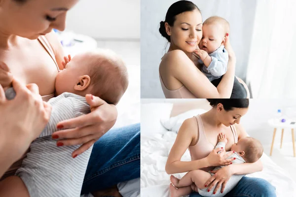 Collage Van Gelukkig Moeder Borstvoeding Knuffelen Baby Jongen — Stockfoto