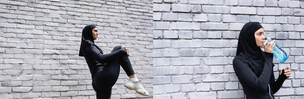 Collage Attractive Muslim Woman Exercising Drinking Water Brick Wall — Stock Photo, Image