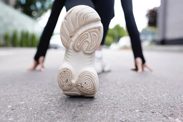 Close White Sneakers Sportswoman Exercising Asphalt — Stock Photo, Image