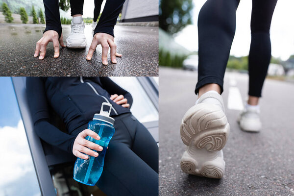 collage of sportswoman holding sports bottle and exercising outside 