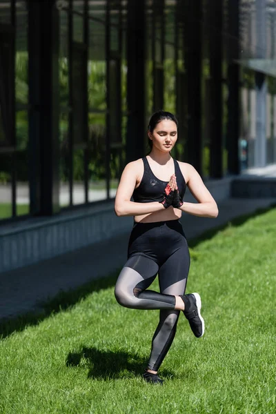 Krásná Sportovkyně Zavřenýma Očima Modlícími Rukama Cvičícími Zelené Trávě — Stock fotografie