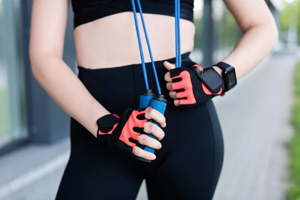 Cropped View Woman Sport Gloves Holding Skipping Rope — Stock Photo, Image