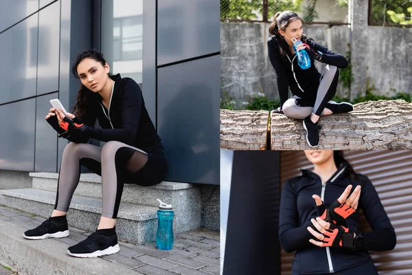 collage of sportswoman touching sport gloves, sitting on tree, holding sports bottle and smartphone