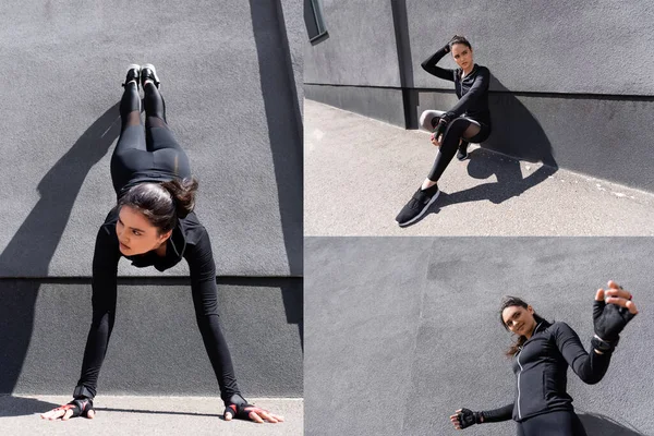 Beton Duvarın Yanında Spor Yapan Gülümseyen Genç Kadın Kolajı — Stok fotoğraf