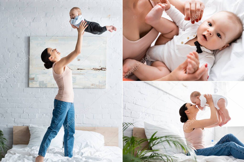 collage of mother in jeans holding in arms cute infant baby in bedroom 