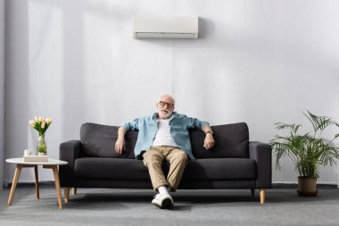 Smiling elderly man looking at camera and holding remote controller of air conditioner at home  clipart