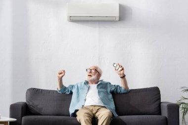 Senior man showing yes gesture while holding remote controller under air conditioner on sofa  clipart