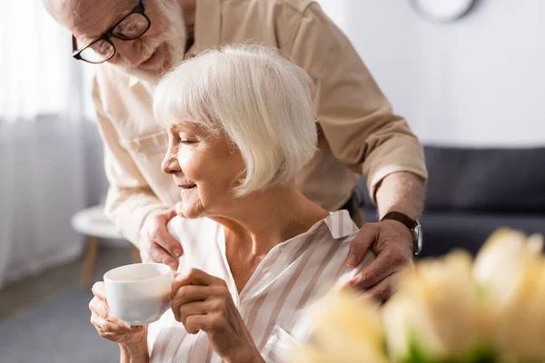 Selective Focus Senor Man Hugging Wife Cup Coffee Breakfast Home — Stock Photo, Image