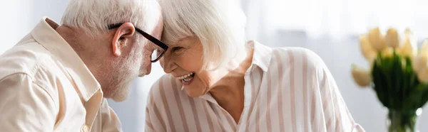 Panoramische Oogst Van Positieve Senior Paar Kijken Naar Elkaar Thuis — Stockfoto